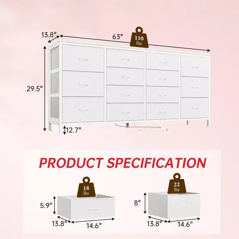 Meuble TV en tissu COZONY à 14 tiroirs, long meuble de rangement pour salon, chambre à coucher, entrée