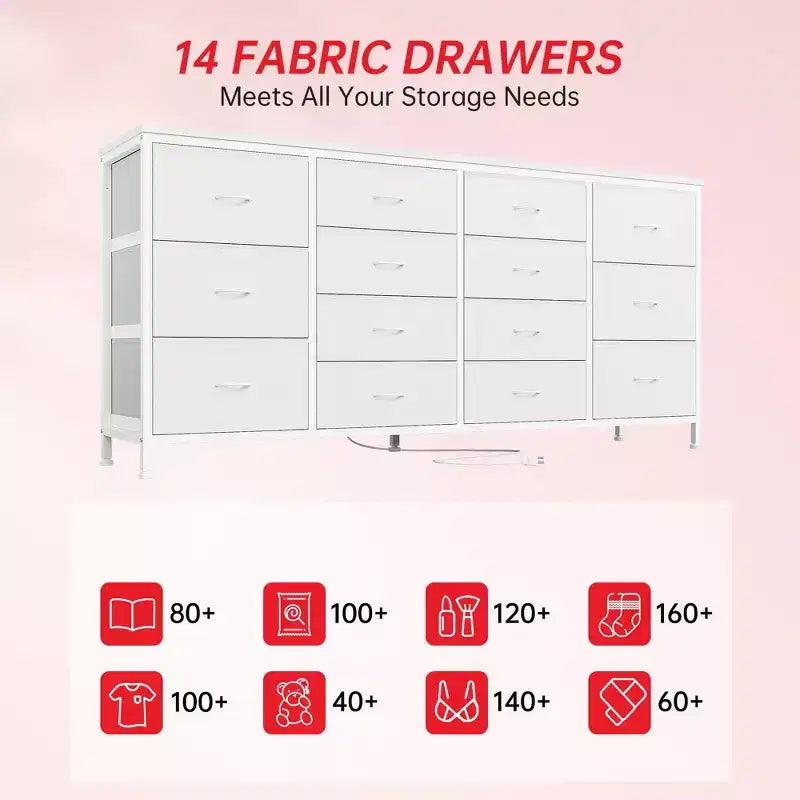 Meuble TV en tissu COZONY à 14 tiroirs, long meuble de rangement pour salon, chambre à coucher, entrée