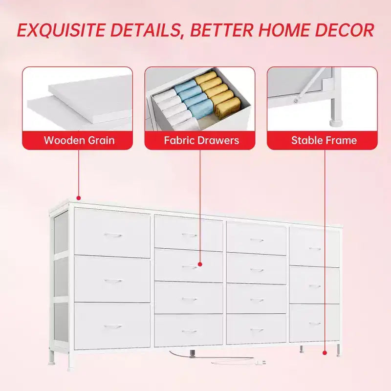 Meuble TV en tissu COZONY à 14 tiroirs, long meuble de rangement pour salon, chambre à coucher, entrée