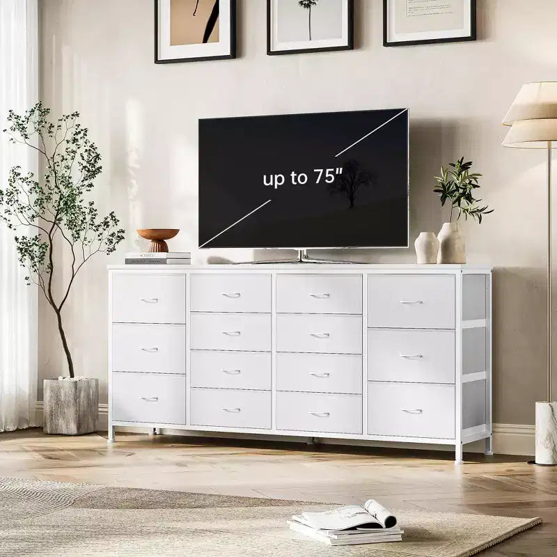 Meuble TV en tissu COZONY à 14 tiroirs, long meuble de rangement pour salon, chambre à coucher, entrée