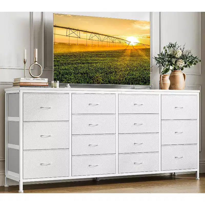 Meuble TV en tissu COZONY à 14 tiroirs, long meuble de rangement pour salon, chambre à coucher, entrée