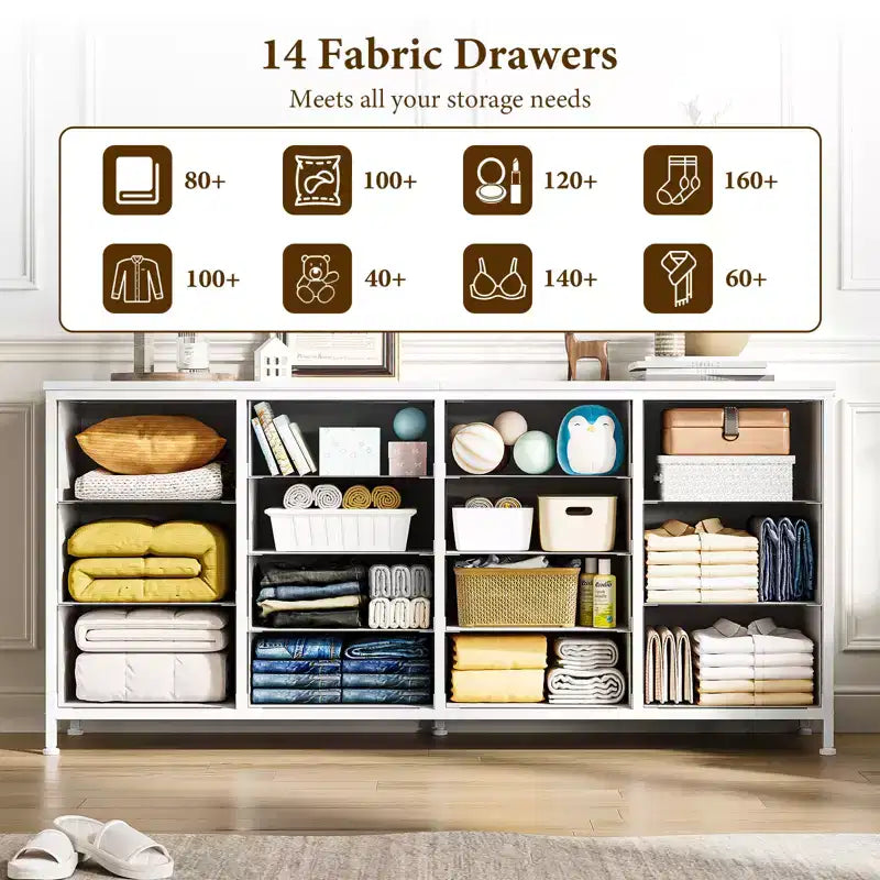 Meuble TV en tissu COZONY à 14 tiroirs, long meuble de rangement pour salon, chambre à coucher, entrée