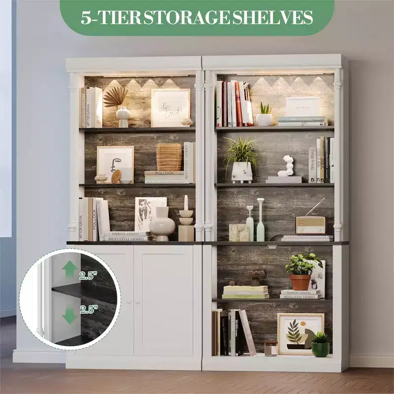 Armoire de rangement autoportante avec éclairage LED, dotée de deux portes et d'étagères réglables, idéale pour les salles à manger et les salons.