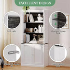 Armoire de rangement autoportante avec éclairage LED, dotée de deux portes et d'étagères réglables, idéale pour les salles à manger et les salons.