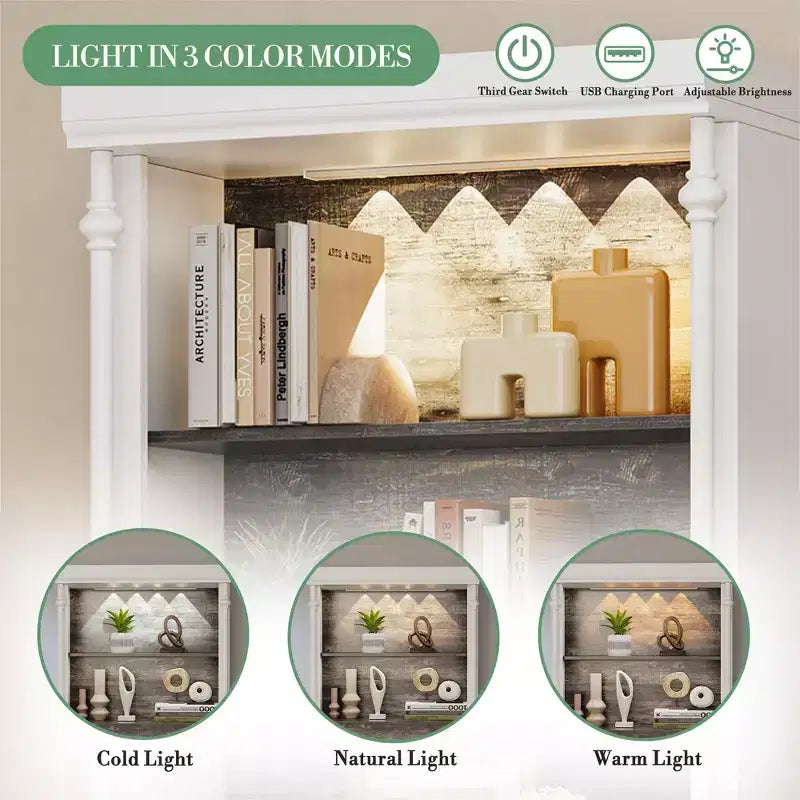 Armoire de rangement autoportante avec éclairage LED, dotée de deux portes et d'étagères réglables, idéale pour les salles à manger et les salons.