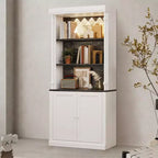 Armoire de rangement autoportante avec éclairage LED, dotée de deux portes et d'étagères réglables, idéale pour les salles à manger et les salons.