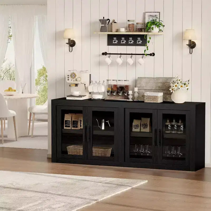 Buffet moderne du milieu du siècle de 180 cm avec 4 portes vitrées, buffet en bois et meuble TV pour salon, salle à manger et couloir