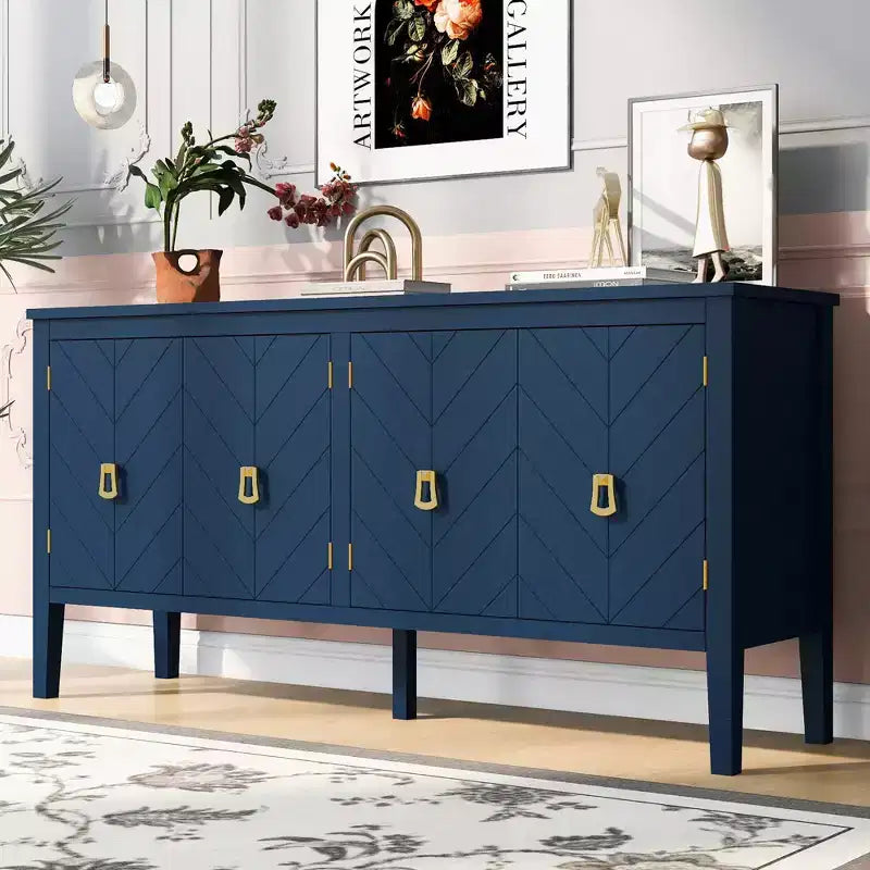 Clihome Buffet quatre portes de 63 pouces, motif géométrique avec poignées vintage, table console étroite avec pied central