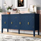 Clihome Buffet quatre portes de 63 pouces, motif géométrique avec poignées vintage, table console étroite avec pied central