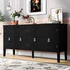 Clihome Buffet quatre portes de 63 pouces, motif géométrique avec poignées vintage, table console étroite avec pied central