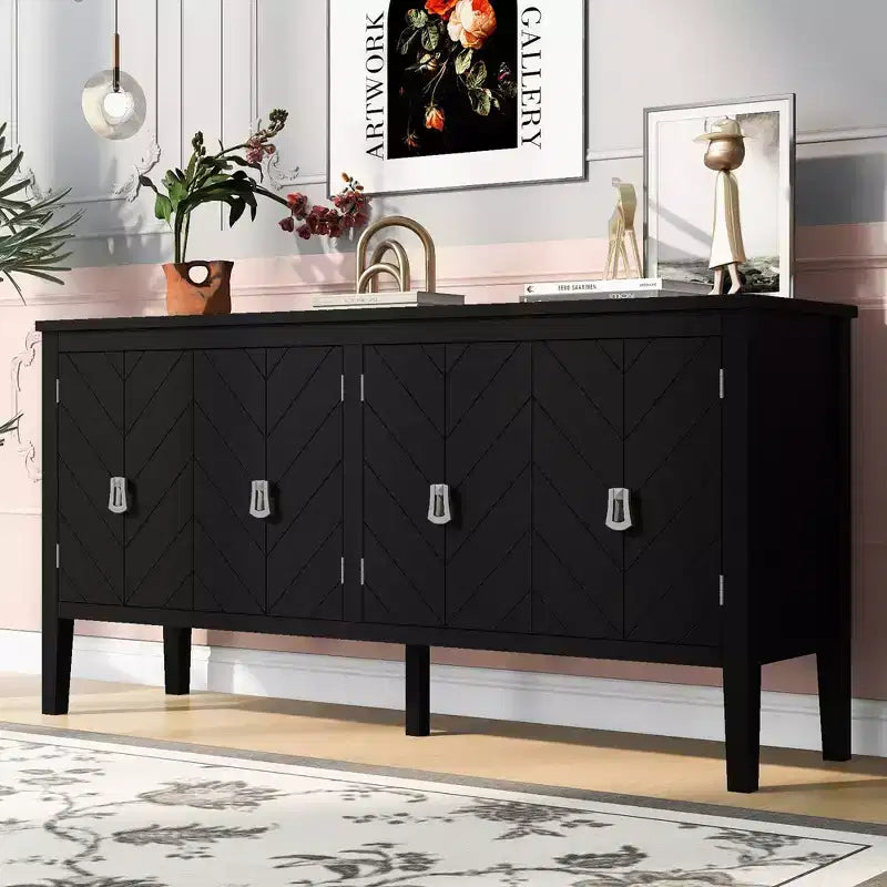 Clihome Buffet quatre portes de 63 pouces, motif géométrique avec poignées vintage, table console étroite avec pied central