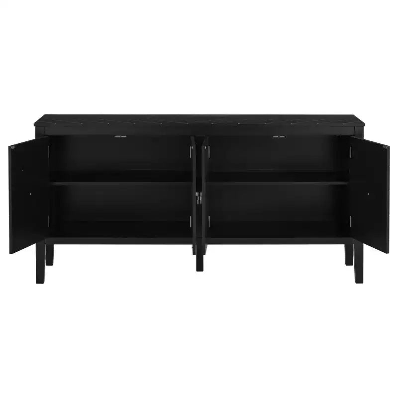Clihome Buffet quatre portes de 63 pouces, motif géométrique avec poignées vintage, table console étroite avec pied central