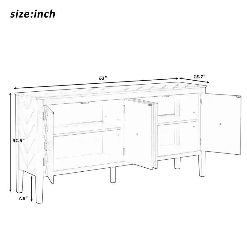 Clihome Buffet quatre portes de 63 pouces, motif géométrique avec poignées vintage, table console étroite avec pied central