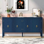 Clihome Buffet quatre portes de 63 pouces, motif géométrique avec poignées vintage, table console étroite avec pied central