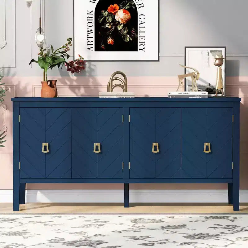 Clihome Buffet quatre portes de 63 pouces, motif géométrique avec poignées vintage, table console étroite avec pied central