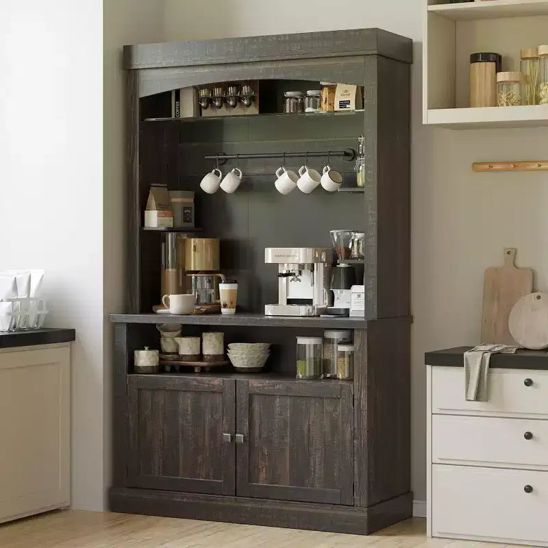 Meuble de bar à café 72 po de haut, buffet de rangement, buffet de cuisine de style ferme, meuble de bar à café haut avec support à micro-ondes/casier à vin/étagère en verre