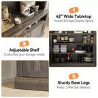 Meuble de bar à café 72 po de haut, buffet de rangement, buffet de cuisine de style ferme, meuble de bar à café haut avec support à micro-ondes/casier à vin/étagère en verre