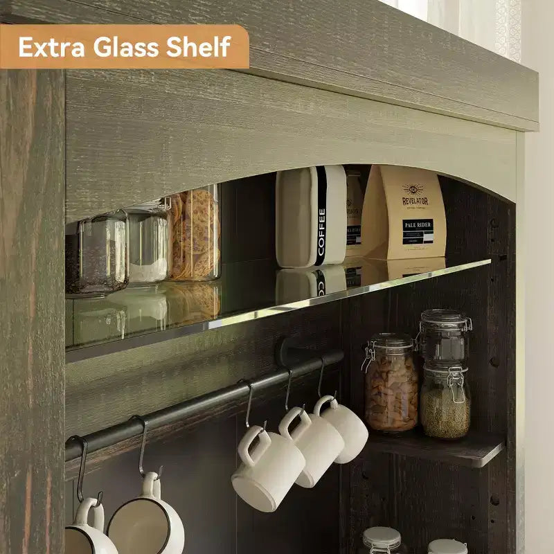 Meuble de bar à café 72 po de haut, buffet de rangement, buffet de cuisine de style ferme, meuble de bar à café haut avec support à micro-ondes/casier à vin/étagère en verre