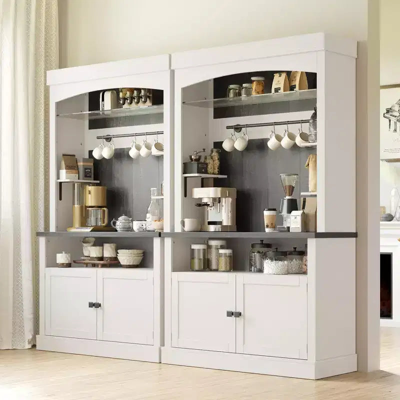 Meuble de bar à café 72 po de haut, buffet de rangement, buffet de cuisine de style ferme, meuble de bar à café haut avec support à micro-ondes/casier à vin/étagère en verre