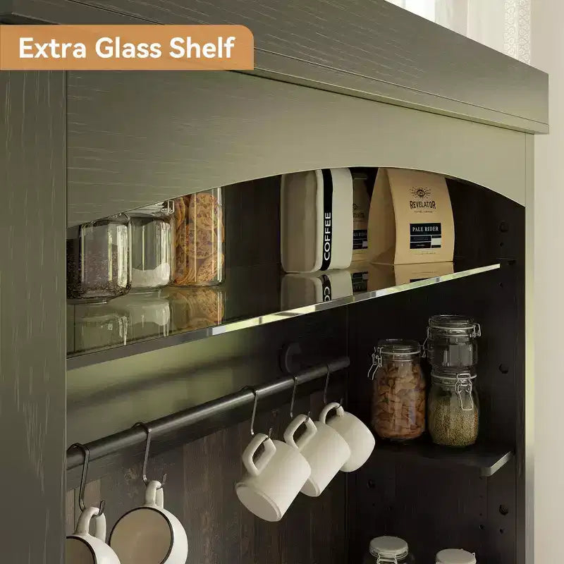 Meuble de bar à café 72 po de haut, buffet de rangement, buffet de cuisine de style ferme, meuble de bar à café haut avec support à micro-ondes/casier à vin/étagère en verre