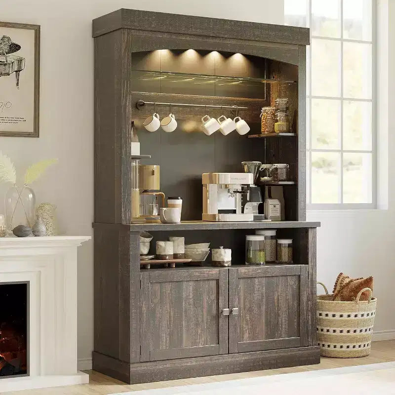 Meuble de bar à café 72 po de haut, buffet de rangement, buffet de cuisine de style ferme, meuble de bar à café haut avec support à micro-ondes/casier à vin/étagère en verre