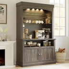 Meuble de bar à café 72 po de haut, buffet de rangement, buffet de cuisine de style ferme, meuble de bar à café haut avec support à micro-ondes/casier à vin/étagère en verre
