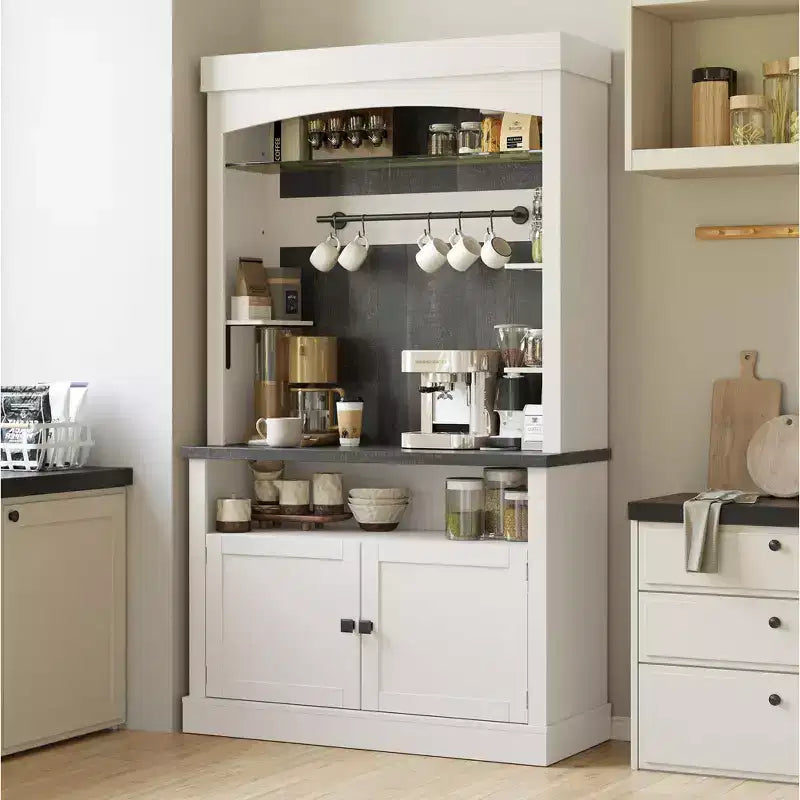 Meuble de bar à café 72 po de haut, buffet de rangement, buffet de cuisine de style ferme, meuble de bar à café haut avec support à micro-ondes/casier à vin/étagère en verre