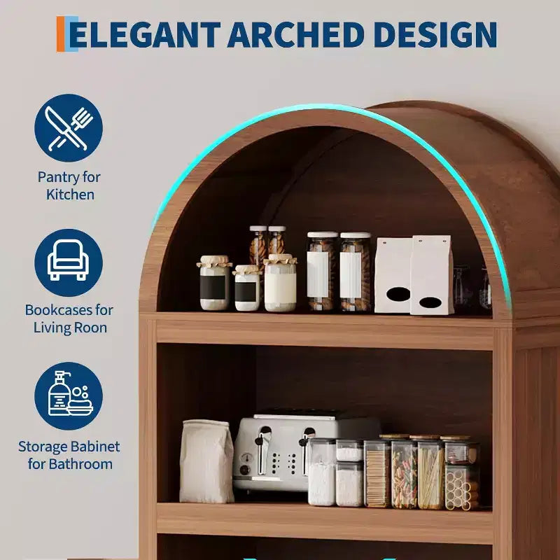 Bibliothèque à Arches de 180 cm de Hauteur, Meuble de Rangement en Bois Style Mid-Century Moderne avec Étagères Ouvertes Réglables, Vitrine de Garde-Manger
