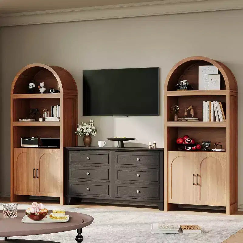 Bibliothèque à Arches de 180 cm de Hauteur, Meuble de Rangement en Bois Style Mid-Century Moderne avec Étagères Ouvertes Réglables, Vitrine de Garde-Manger