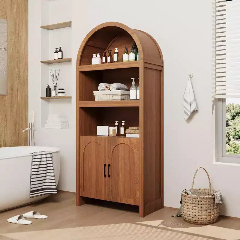 Bibliothèque à Arches de 180 cm de Hauteur, Meuble de Rangement en Bois Style Mid-Century Moderne avec Étagères Ouvertes Réglables, Vitrine de Garde-Manger