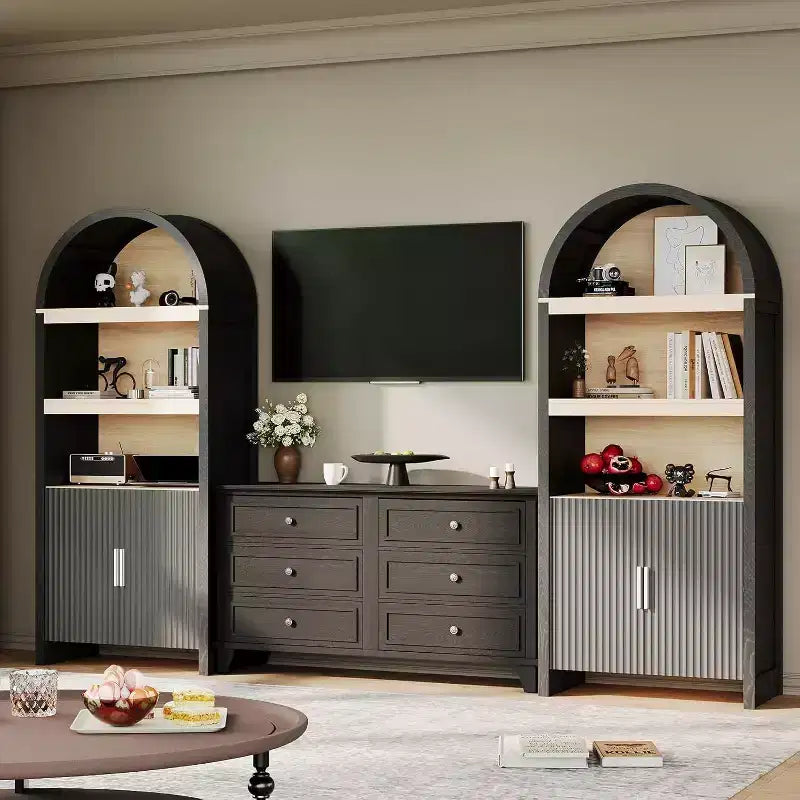 Bibliothèque à Arches de 180 cm de Hauteur, Meuble de Rangement en Bois Style Mid-Century Moderne avec Étagères Ouvertes Réglables, Vitrine de Garde-Manger