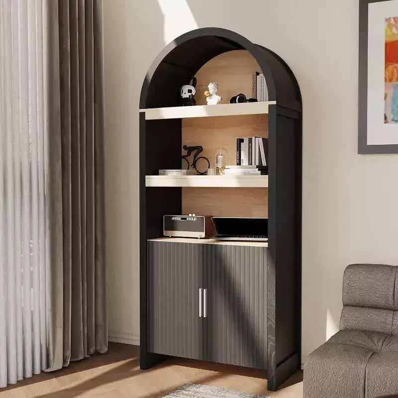Bibliothèque à Arches de 180 cm de Hauteur, Meuble de Rangement en Bois Style Mid-Century Moderne avec Étagères Ouvertes Réglables, Vitrine de Garde-Manger