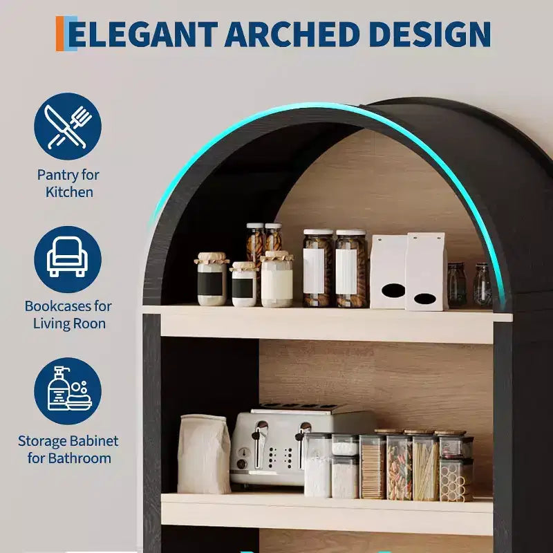 Bibliothèque à Arches de 180 cm de Hauteur, Meuble de Rangement en Bois Style Mid-Century Moderne avec Étagères Ouvertes Réglables, Vitrine de Garde-Manger