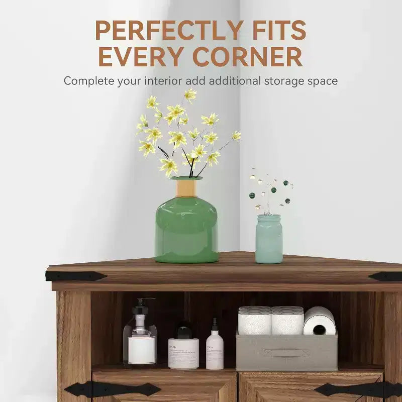 Meuble d'angle de salle de bain de style ferme avec porte coulissante et étagère réglable, armoire de rangement pour salle de bain, cuisine, salon