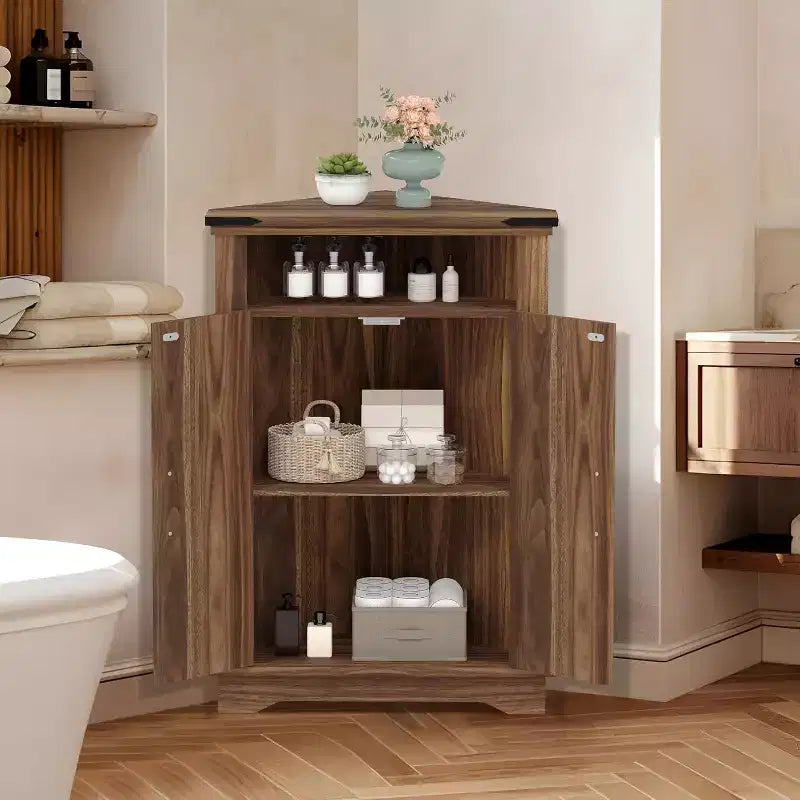 Meuble d'angle de salle de bain de style ferme avec porte coulissante et étagère réglable, armoire de rangement pour salle de bain, cuisine, salon