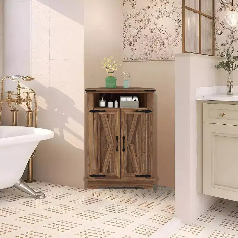 Meuble d'angle de salle de bain de style ferme avec porte coulissante et étagère réglable, armoire de rangement pour salle de bain, cuisine, salon