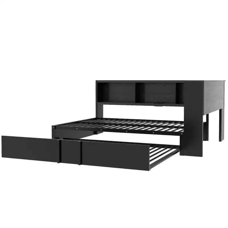 Lit de repos pleine grandeur avec lit gigogne et bibliothèque, lit de repos en forme de L avec ports USB, lit d'angle complet en bois avec tête de lit de rangement