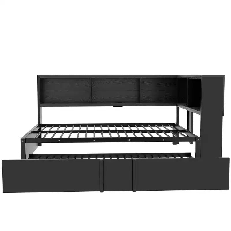 Lit de repos pleine grandeur avec lit gigogne et bibliothèque, lit de repos en forme de L avec ports USB, lit d'angle complet en bois avec tête de lit de rangement