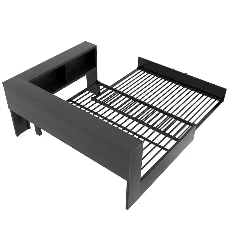 Lit de repos pleine grandeur avec lit gigogne et bibliothèque, lit de repos en forme de L avec ports USB, lit d'angle complet en bois avec tête de lit de rangement