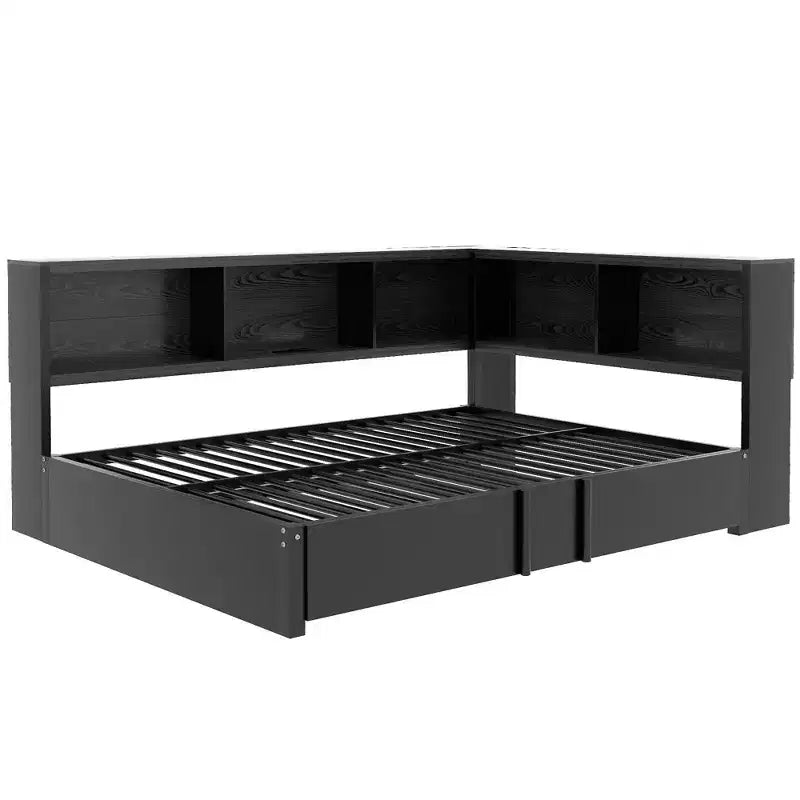 Lit de repos pleine grandeur avec lit gigogne et bibliothèque, lit de repos en forme de L avec ports USB, lit d'angle complet en bois avec tête de lit de rangement