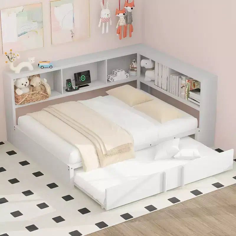Lit de repos pleine grandeur avec lit gigogne et bibliothèque, lit de repos en forme de L avec ports USB, lit d'angle complet en bois avec tête de lit de rangement