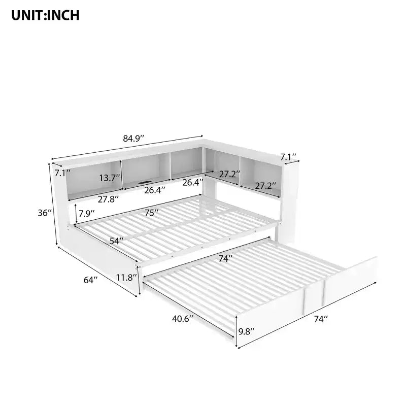 Lit de repos pleine grandeur avec lit gigogne et bibliothèque, lit de repos en forme de L avec ports USB, lit d'angle complet en bois avec tête de lit de rangement