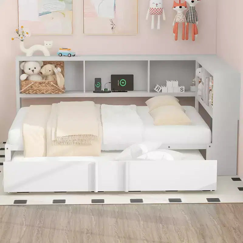 Lit de repos pleine grandeur avec lit gigogne et bibliothèque, lit de repos en forme de L avec ports USB, lit d'angle complet en bois avec tête de lit de rangement