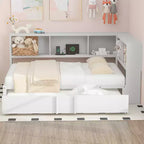 Lit de repos pleine grandeur avec lit gigogne et bibliothèque, lit de repos en forme de L avec ports USB, lit d'angle complet en bois avec tête de lit de rangement