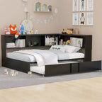 Lit de repos pleine grandeur avec lit gigogne et bibliothèque, lit de repos en forme de L avec ports USB, lit d'angle complet en bois avec tête de lit de rangement