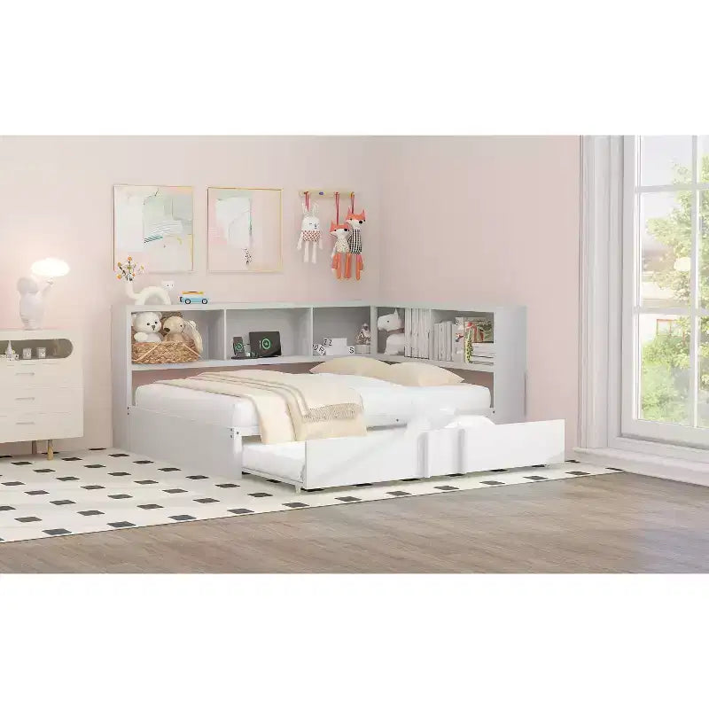 Lit de repos pleine grandeur avec lit gigogne et bibliothèque, lit de repos en forme de L avec ports USB, lit d'angle complet en bois avec tête de lit de rangement