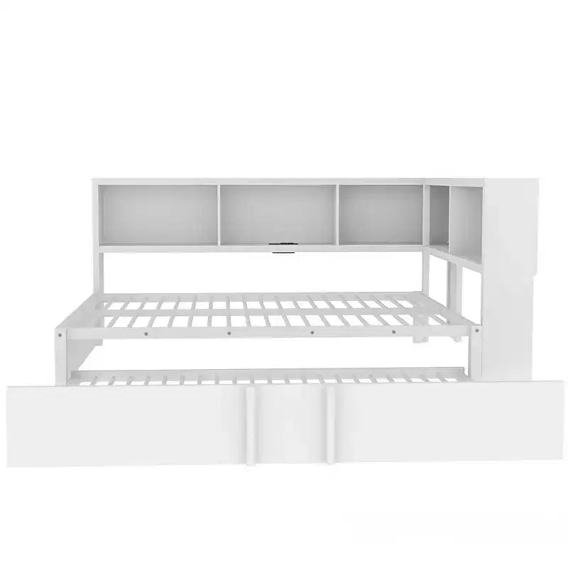 Lit de repos pleine grandeur avec lit gigogne et bibliothèque, lit de repos en forme de L avec ports USB, lit d'angle complet en bois avec tête de lit de rangement