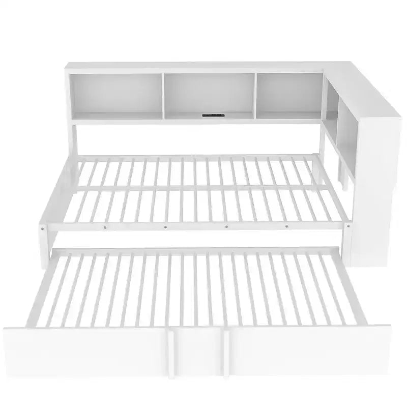 Lit de repos pleine grandeur avec lit gigogne et bibliothèque, lit de repos en forme de L avec ports USB, lit d'angle complet en bois avec tête de lit de rangement