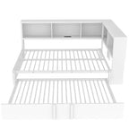 Lit de repos pleine grandeur avec lit gigogne et bibliothèque, lit de repos en forme de L avec ports USB, lit d'angle complet en bois avec tête de lit de rangement