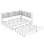 Lit de repos pleine grandeur avec lit gigogne et bibliothèque, lit de repos en forme de L avec ports USB, lit d'angle complet en bois avec tête de lit de rangement